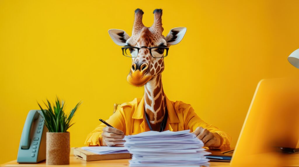 Eine skurrile Giraffe, gekleidet in Bürokleidung, arbeitet fleißig an einem Schreibtisch, der von Papierkram umgeben ist. Der leuchtend gelbe Hintergrund verleiht dieser einzigartigen Büroszene eine fröhliche Note.