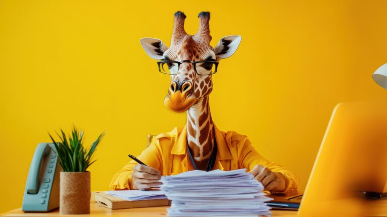 Eine skurrile Giraffe, gekleidet in Bürokleidung, arbeitet fleißig an einem Schreibtisch, der von Papierkram umgeben ist. Der leuchtend gelbe Hintergrund verleiht dieser einzigartigen Büroszene eine fröhliche Note.